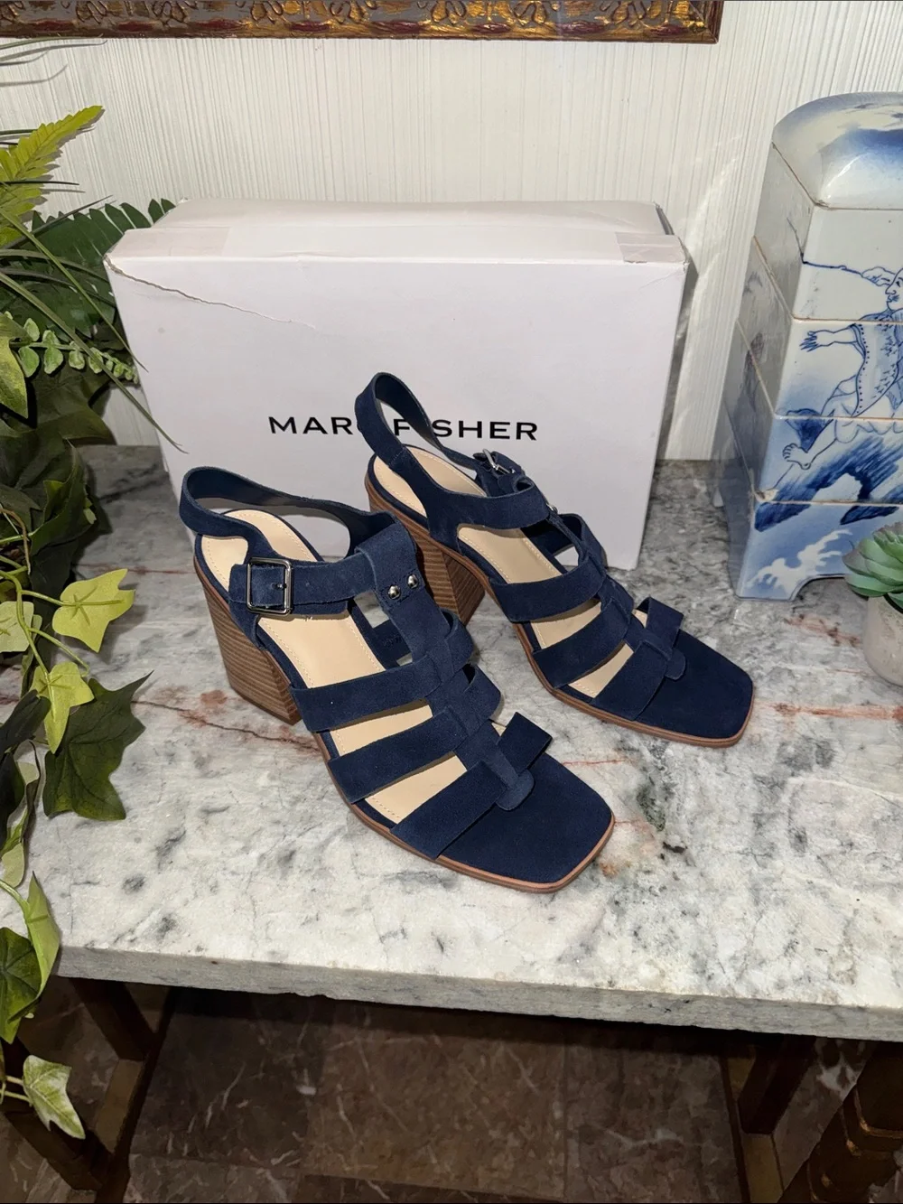 Marc Fisher Navy Suede Multi-Strap Block Heel Sandals